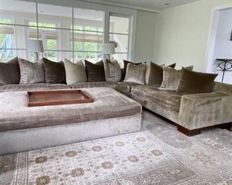 Large Custom L-Shaped Sofa Sectional & Ottoman with Chenille Fabric (one side approx. 114" L x 43" W x 31" H, other side is 107" L, ottoman is approx. 84" L x 52" W)