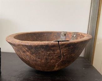 Large Antique Wooden Hand-Carved Bowl (repaired with metal straps)