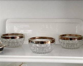 Rectangular Serving Platter, 3 Crystal Serving Bowls with Silver Plate Banding