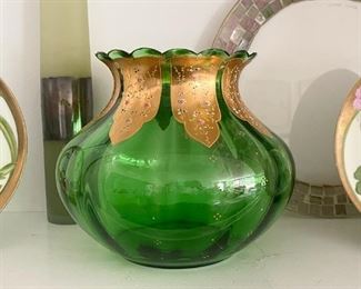 Emerald Green Glass Vase with Embellishments