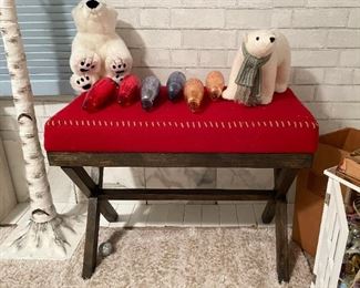Bench with Red Upholstered Seat, Polar Bear Stuffed Animals