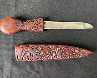 Knife with African Animals Wood Carved Sheath