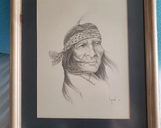 Native American Pencil Drawing Print with Signature