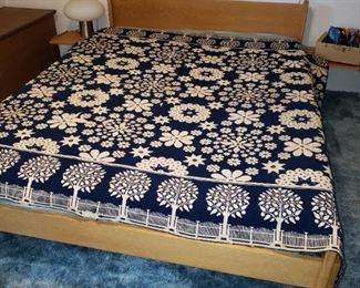 Danish Modern Queen Headboard with Side Tables - Nice. Antique Wonderful Lindsey Woolsey Linen/Wool Summer/Winter Coverlet (USA) on Jacquard Loom.