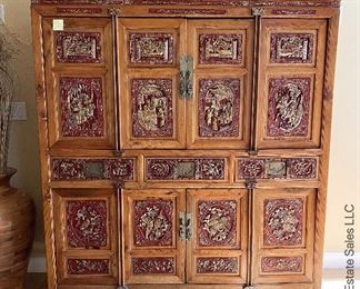ITEM 3: Antique large, four door red and gold carved Chinese cabinet. Shelving inside. Excellent piece for storage. 62.25” wide, x 70.25” tall x 23.625” deep $2,950