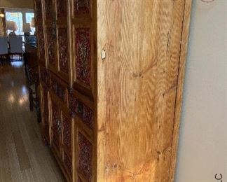 ITEM 3: Antique large, four door red and gold carved Chinese cabinet. Shelving inside. Excellent piece for storage. 62.25” wide, x 70.25” tall x 23.625” deep $2,950