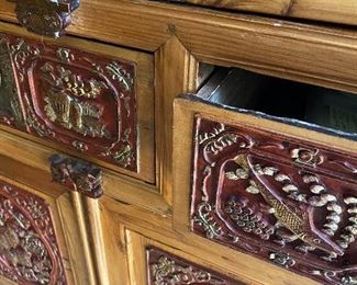 ITEM 3: Antique large, four door red and gold carved Chinese cabinet. Shelving inside. Excellent piece for storage. 62.25” wide, x 70.25” tall x 23.625” deep $2,950