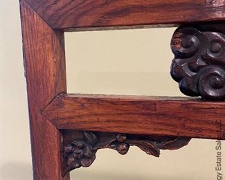 ITEM 4: Antique Chinese birdcage on stand. Stand has intricate carvings, and a drawer. Delicate bird cage has Chinese ceramic vessels for water and food. 24.75” x 29.25” tall x 10.5” wide $325