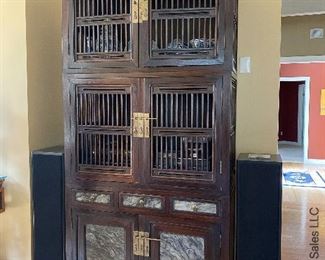 ITEM 5: Large, Chinese modular kitchen cabinet with scholar’s stone marble panels on doors and drawers. 95.25” tall, 47.9/16” wide, 21” deep $2,100