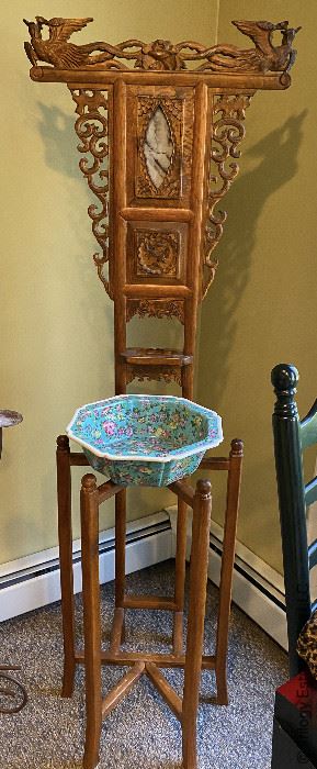 ITEM 6: Antique Chinese washstand with scholar stone inset panel. Bowl included $750