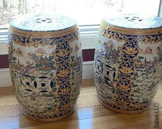 ITEM 11: Pair of garden stools with custom cut tempered glass table top. Glass is 42” x 42” with very rounded corners, and a chip. $325