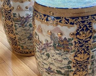 ITEM 11: Pair of garden stools with custom cut tempered glass table top. Glass is 42” x 42” with very rounded corners, and a chip. $325