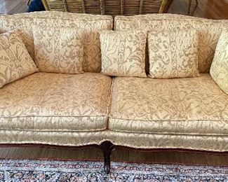 ITEM 14: Gold damask chairs and loveseat. Very good condition. 64” wide, 33” deep, 27.5” tall chairs: 28” wide $1,850