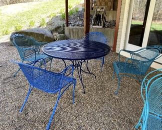 ITEM 23: Metal patio table with four chairs. All freshly painted in shades of blue, excellent condition. $395