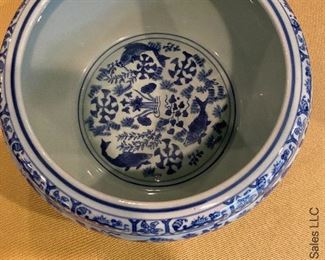 ITEM 34: Blue and white porcelain bowl, newer. Decorated with koi. 11” x 7.5” $75
