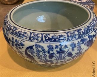 ITEM 34: Blue and white porcelain bowl, newer. Decorated with koi. 11” x 7.5” $75
