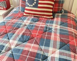 ITEM 48: Pair Twin Patriotic Red Plaid Sets including comforter , shams & Navy Dust ruffles ( sheets& navy blankets included) $185