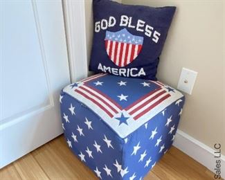 ITEM 56: Patriotic Star Ottoman (small imperfections)stain & 1" seam tear, 3 Patriotic throw pillows. $45