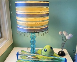 ITEM 60: Pair bedside lamps with stripe shades 21” tall $60