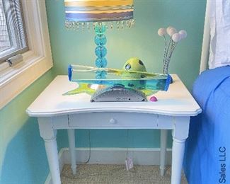 ITEM 61: White Vanity table with mirror & white chair (small defects) 26"X 18”, 20" X 14” $45