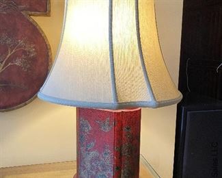 ITEM 70: Pair red crackle-finish lamps. Made of composite wood. 28” tall $120