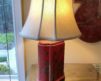 ITEM 70: Pair red crackle-finish lamps. Made of composite wood. 28” tall $120