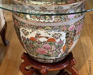 ITEM 85: Large famille rose jardinière with stand and glass top. glass top is approximately 30” round. $225