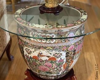 ITEM 85: Large famille rose jardinière with stand and glass top. glass top is approximately 30” round. $225