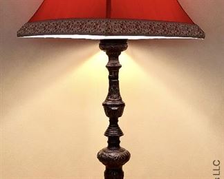 ITEM 116: Heavy base, tall lamp, red shade $55