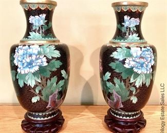 ITEM 120: Pair black cloisonné vases $125