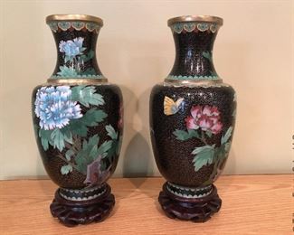 ITEM 120: Pair black cloisonné vases $125