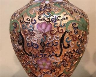 ITEM 123: Pair cloisonné vases; one has a bent lip on the top edge, selling as is. $95
