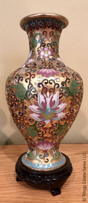 ITEM 123: Pair cloisonné vases; one has a bent lip on the top edge, selling as is. $95
