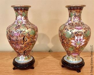 ITEM 123: Pair cloisonné vases; one has a bent lip on the top edge, selling as is. $95