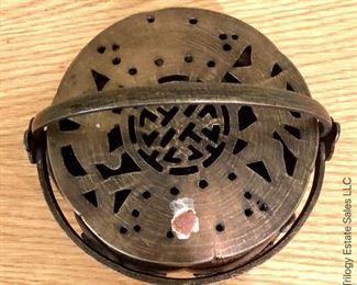ITEM 125: antique pierced metal hand warmer with lid $30