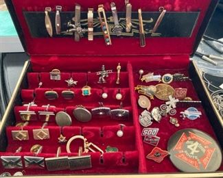 Mens Jewelry Box Filled with Cufflinks, Pins, and Tie Tacks