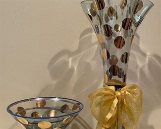 Item 50:  MacKenzie Childs Small Dish (left):  5.5" x 3.5": $65                                                                                                            Item 51:  MacKenzie Childs Vase (right) - 11.5": $80                                                  