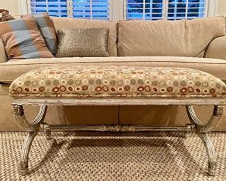 Item 17:  Empire Bench with Brunschwig and Fils Fabric- This item has an issue with one of the legs… Please note. Item is sold as is. - 36"l x 17"w x 17.5"h: $125