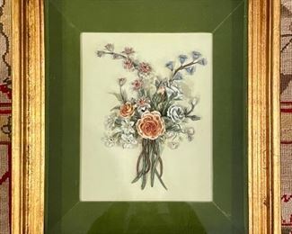 Item 170: Mottahedeh Design Porcelain Flowers in Shadowboxes with Gold Leaf Frame - 18"l x 4"w x 21"h: $475 each