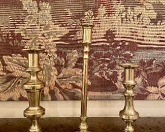 Item 173:  (3) Brass Candlesticks:  $30                                                                                Tallest - 12.5"  