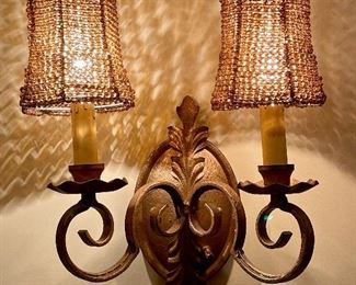 Item 184:  (2) Wall Sconces with Amber Glass Beaded Shades, features long metal strip to hide cord if you wish to plug into the wall socket: $345 for pair