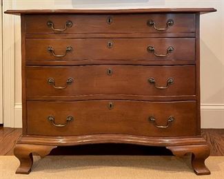 Item 14:  Antique Georgian 4-drawer Chest from the historic Van Sweringen mansion in Cleveland, OH - feat. serpentine front, bracket feet and original bail pulls - 41.5"l x 21.75"w x 32.75"h:  $695