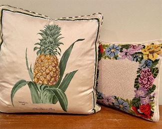 Item 286:  Down Pillow with Pineapple (left) - 18" x 18":  $28 (SOLD)                                                                                                       Item 287:  Needlepoint Pillow (right)- 13.5" x 13.5":$22