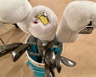Ladies Women's Custom Fit Brand Set with Bag: $125 --Irons 3 thru sand wedge, includes 1,3,5 irons, white head covers (one from The Masters) and a Hawk teal golf bag - no stand - Clubs sized for soman 5'-5'3".  