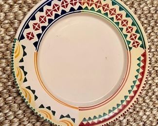 Large Lamas Italian art pottery charger / round platter with colorful hand painted rim - Measures 14 1/2 inches wide and weighs over 4 pounds: $34