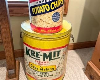 Vintage Kre-Mit creams large tin with lid and Mrs. Klein's potato chips tin