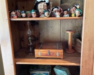 Royla Doulton Toby mugs, vintage tins and decor, pair of vintage bookcases