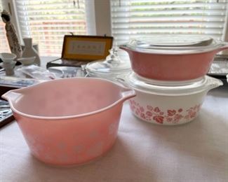Vintage Pyrex Pink Gooseberry casserole dishes (two with lids, original set of 3)