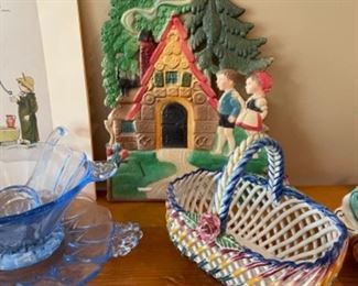 Woven ceramic basket, Hansel and Gretel embossed paper die cut 