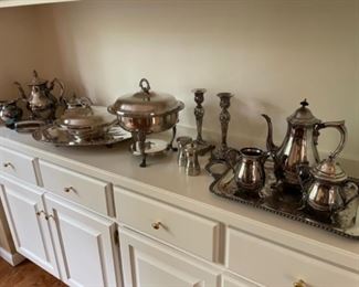 Antique silver plate serving pieces and tea sets 